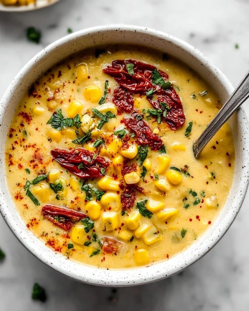 Sun Dried Tomato Corn Chowder with Goat Cheese Croutons Recipe